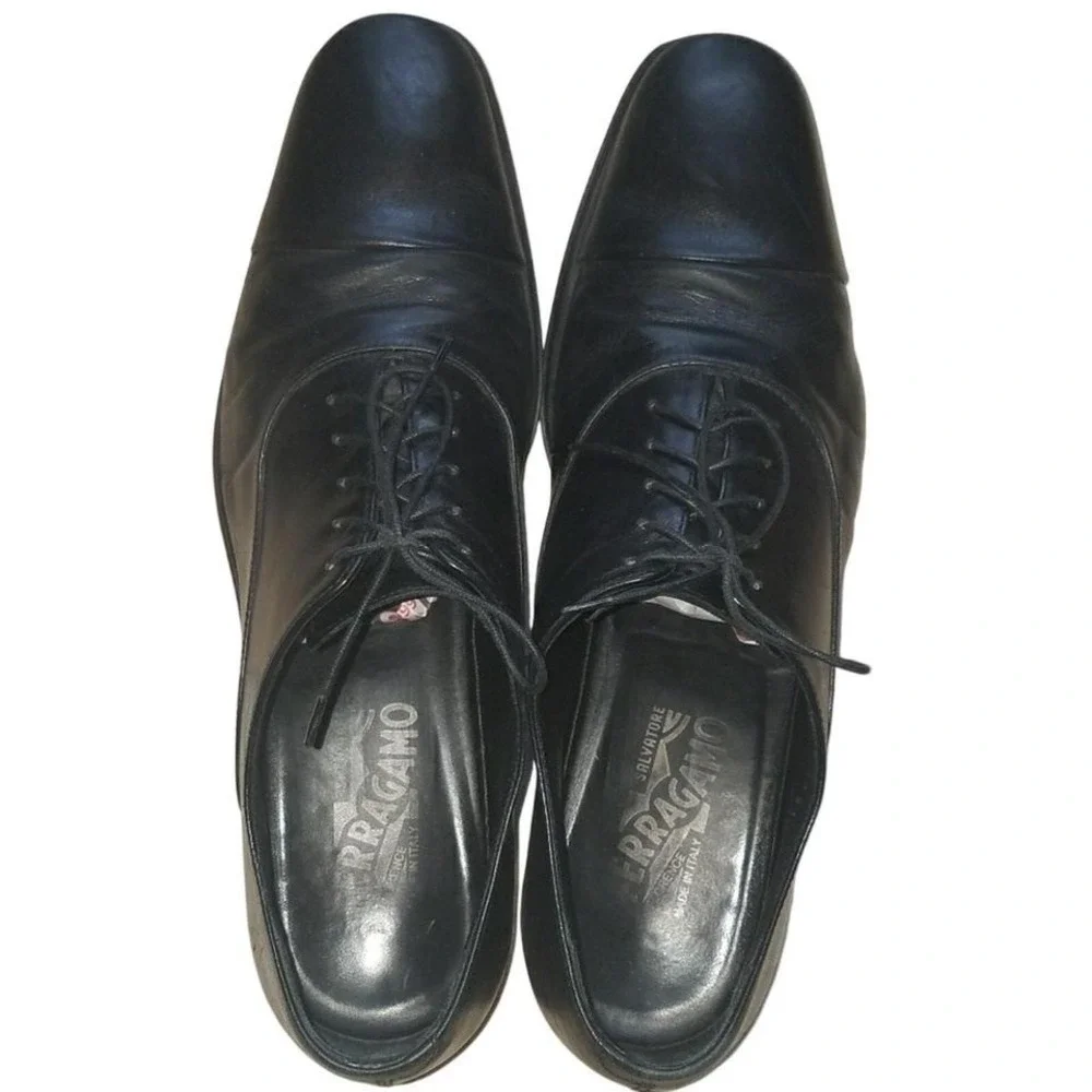 Salvatore Ferragamo Mens Black Leather Rain Lux Cap Toe Oxf sz 9.5 Shoes Italy‎